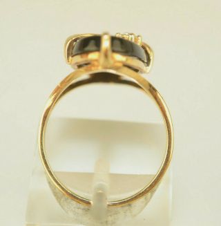 VINTAGE 10K YELLOW GOLD LONG OVAL ONYX RING TINY DIAMOND ACCENT LEAF SIZE 5.  5 3