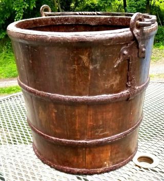 Primitive Antique Staved Wooden Pail Well Bucket Wrought Iron Swing Handle Wood