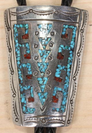 Vintage Sterling Silver With Turquoise/coral Inlay Bolo Tie X090b