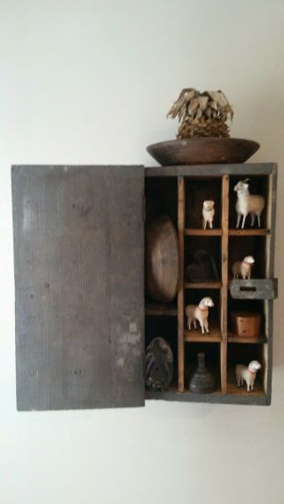 Early Primitive Wall Cupboard Handmade Cubbie Box.  Old Blue Gray Paint.  Aafa