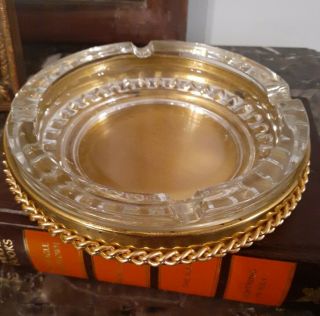 Huge Mid Century Modern Hollywood Regency 2 Piece Glass And Brass Ash Tray