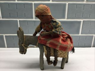 Antique Folk Art African American Doll On Donkey,  Cloth & Wood