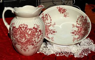 Rare Regal Vintage Red And White Large Pitcher And Basin Bowl Made In England