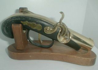 Vintage Pistol Gun Brass Wood With Stand Cigarette Cigar Lighter See All Now