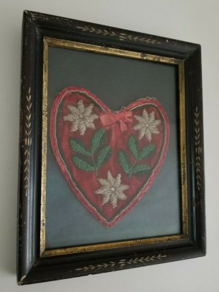 Vintage Victorian Beadwork Framed Folk Art Heart Love Remembrance Antique Ooak