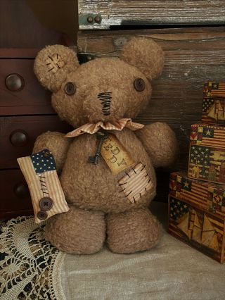 Folk Art Primitive Americana Patriotic Flag Old Teddy Brown Bear Key Doll Tag