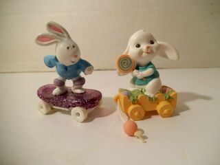Hallmark Merry Miniatures Bunnies on Wheels Skateboard and Cart or Wagon 2