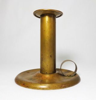 19th C Antique American Primitive Brass Candle Holder,  W/base,  Finger Ring