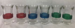 6 Vintage Red Blue And Green Celluloid Band Flared Blade Runner Shot Glasses