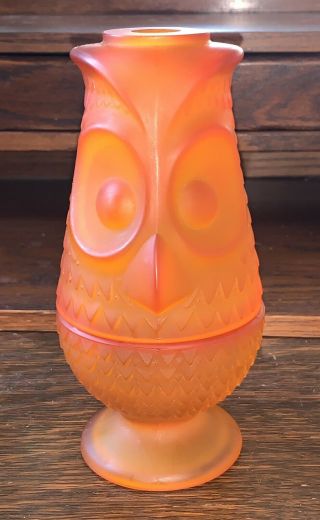 Vtg Viking Glass Frosted Orange Persimmon Owl Fairy Lamp Candle Holder Tea Light