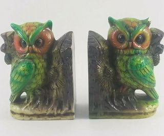 2 Vintage Ceramic Owl Bookends Japan Book Ends Green Brown Trees Stoppers Sand