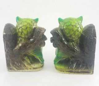 2 Vintage Ceramic Owl Bookends Japan Book ends Green Brown Trees Stoppers Sand 3
