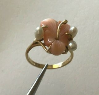 Vintage 14k Solid Gold Angel Skin Coral With 3 Pearls Ring Size 8
