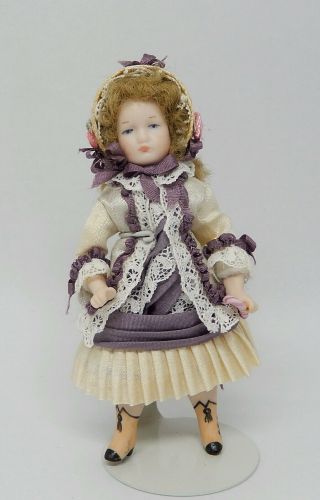 Vintage Porcelain Victorian Girl Doll In Silk Dress Dollhouse Miniature 1:12