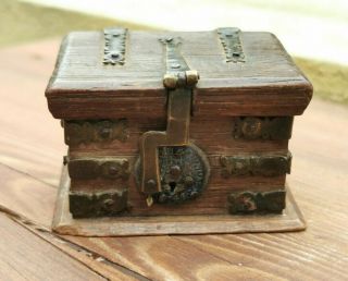 Antique Wooden Colonial Chest Trinket Box With Silver Coin & Brass Strap Hinges