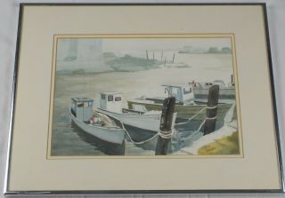 Vintage Watercolor Painting Boats At The Dock By Zilla Thomas Listed