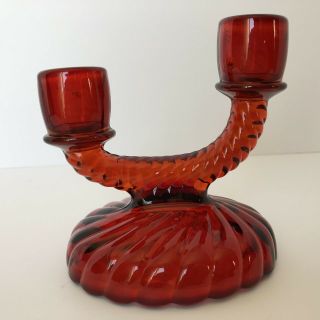 Vintage Imperial Ruby Red Glass Double Candle Holder 4 1/2” Tall 2