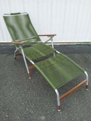 Vtg 50s Mcm Telescope Folding Furniture Lawn Chair Wood Arms Lounger Patio Lawn