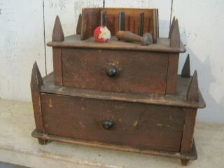 Antique Old Primitive Wood Sewing Box Two Drawers Old Finish