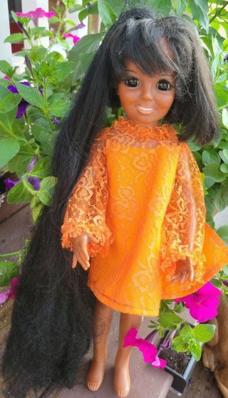 Vintage Ideal Black Chrissy Doll African American Long Hair And Dress