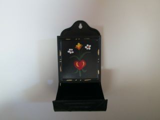 Vintage Wall Match Holder Tin Metal With Floral Painted Decoration