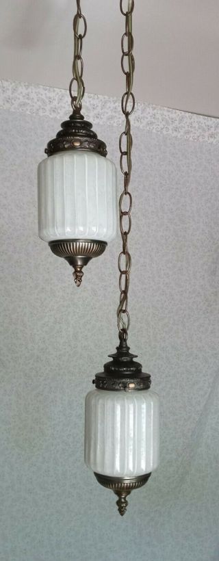 Vtg Mcm Double Swag Hanging Ceiling Light Lamp Iridescent Glass Shades Globes