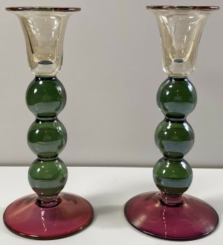 Pair (2) Crate Barrel Polish Krosno Glass Candlesticks 7.  5” Pink Green Amber
