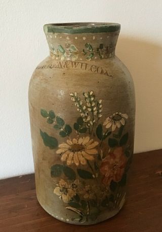 Rare Antique Stoneware Crock Cowden & Wilcox Jar Vase Painted Flower Unique