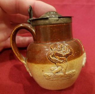 Antique Stoneware Mustard Condiment Jar Container - Salt Glazed - Cherubs D1