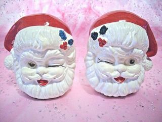 Rare Vtg Christmas Santa Face Silly Winking S & P Shakers Set