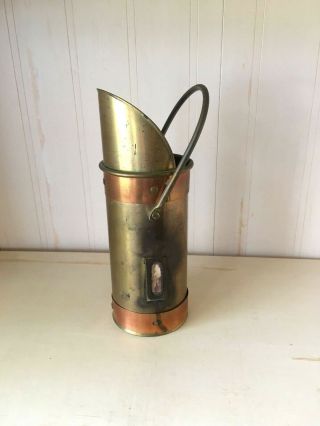 Vintage Brass And Copper Fireplace Matchstick Holder With Handle And Striker