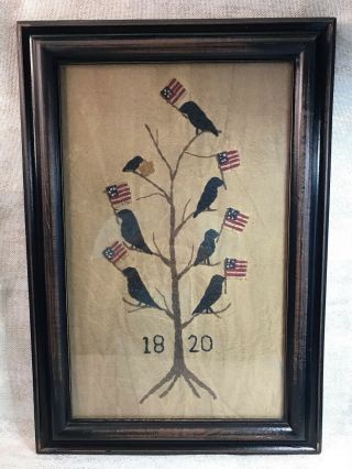 Folk Art Primitive Americana Home Decor Country Crow Raven Flag Embroidery