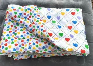 Vintage Rainbow Hearts Twin Size Comforter 80s Kids Bedding Quilt 70x88