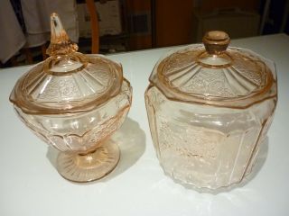 Vintage 2 Covered Candy,  Cookie Jar Pink Depression Glass Mayfair Open Rose