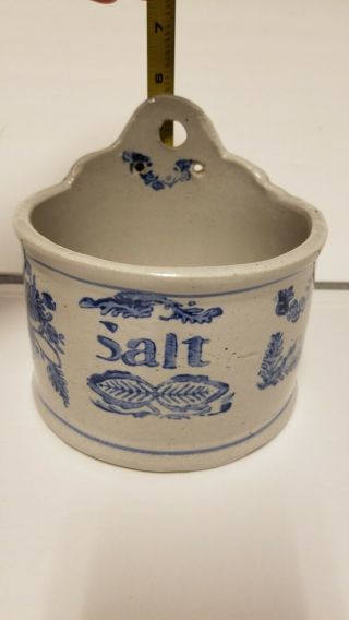Antique Hanging Salt Box American Glaze Stoneware Blue Stencil No Lid Farmhouse