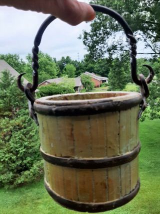Primitive Antique Staved Wooden Pail Berry Bucket Wrought Iron Swing Handle Wood