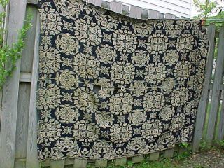 1837 Jacquard Loom Woven Coverlet In Blue,  White W Roses Pattern 88 X 66