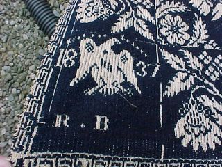 1837 JACQUARD Loom WOVEN COVERLET in BLUE,  WHITE w ROSES PATTERN 88 x 66 2