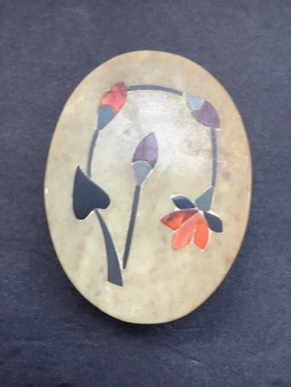 Oval Soapstone Trinket Box Mother Of Pearl Inlay Floral Design Hand Made India