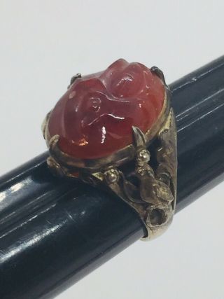 Chinese Vintage Sterling Silver Carved Carnelian Bird Ring Size 6 Adjustable