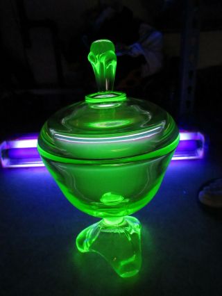 Vintage Green Uranium Glass Pedestal Covered Candy Dish 9 "
