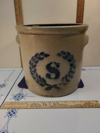 Antique 2 Gallon Salt Glazed Stoneware Crock Cobalt Blue Wreath And S Accents