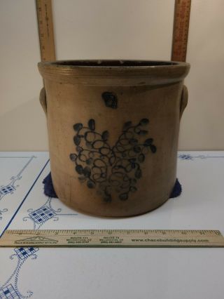 Antique 2 - Gallon Salt Glazed Stoneware Crock Blue Cobalt Floral / Grape Pattern