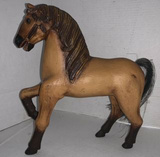 Primitive Hand Carved Wooden Horse Statue 12” With Horse Tail