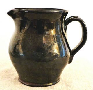 Antique 19th C Manganese Redware Pitcher Zig Zag Incised Line Applied Handle 8