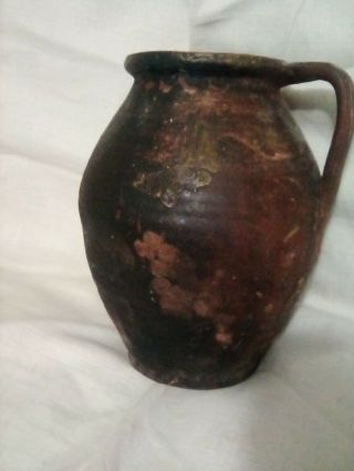 Early Redware Jug,  9 Inch High,  Trace Of White ? Design