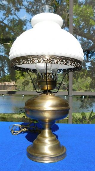24” Vintage Gwtw White Milk Glass Hobnail Hurricane Banquet Parlor Lamp