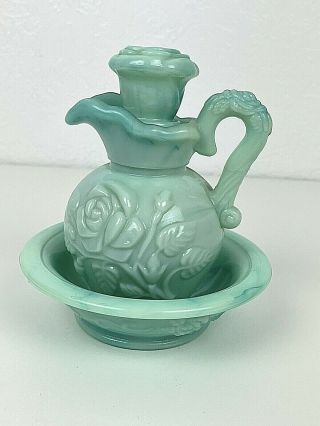 Vintage Avon Jadeite Green Swirl Milk Glass Rose Mini Bowl And Pitcher Set 1976