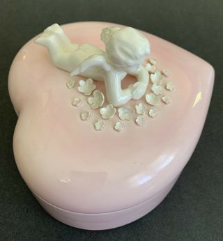 Vtg Holland Mold Ceramic Pink Heart Box With Cupid Lying In A Bed Of Flowers