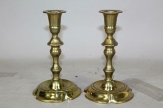 Fine Pair 18th C English Qa Petal Base Brass Candlesticks - Bold Faceted Shafts